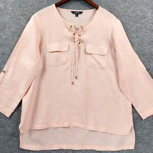 Ellen Tracy Shirt Sz XL Linen Lace Up Blouse Pockets 3/4 Sleeve Top Lagonlook